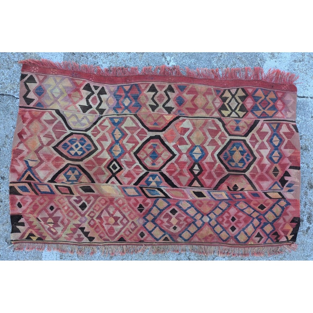 Vintage Tribal Kilim Rug Hand Woven Geometric Medallion Accent Mat 53" x 34"
